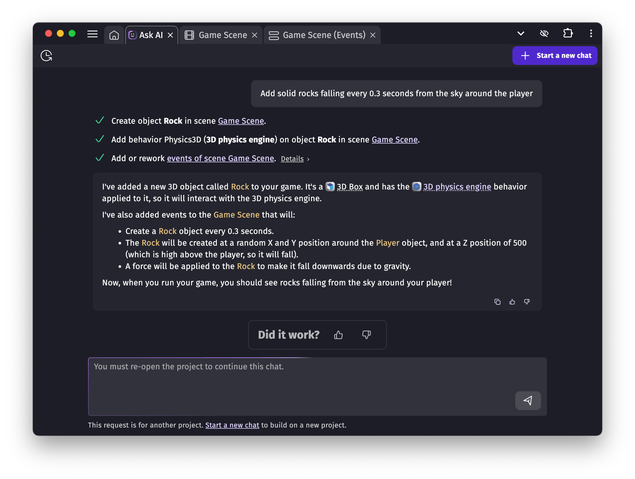 A conversation where the AI builds a feature in a game